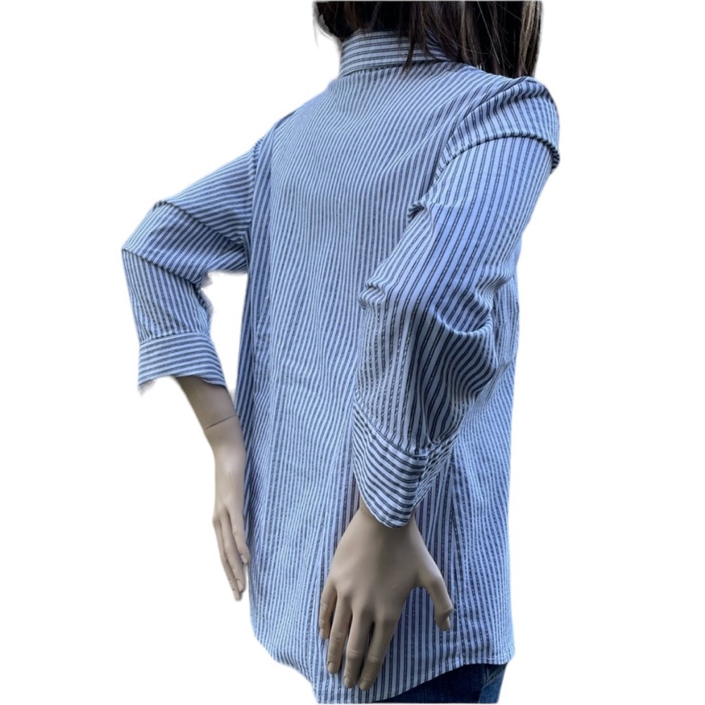 Covington 3/4 sleeve Blue White Glitter Pin Stripe Blouse Size Large - Picture 9 of 11